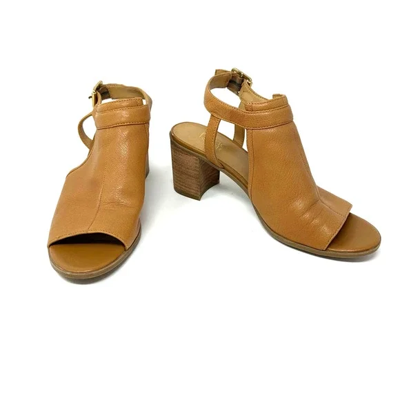 Franco Sarto size 7.5 leather brown chunky heels strap back open toe - Picture 1 of 8